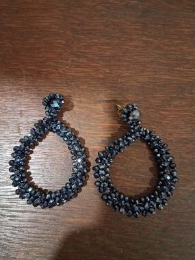 Faceted Black Crystal Teardrop Hoop Earrings